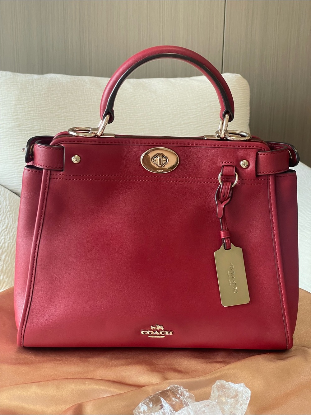 Coach Gramercy Red Leather Structured Top-Handle Satchel with Gold Hardware
